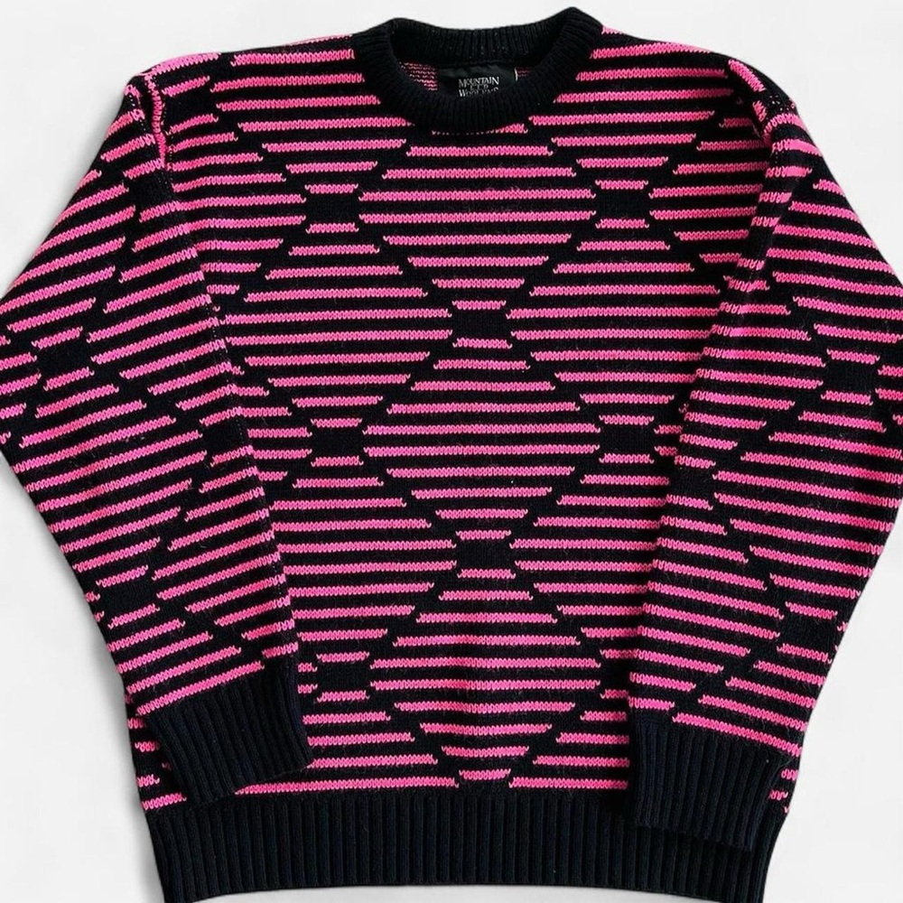 Vintage Mountain Lid Woolens Pink Black Retro Geometric Pullover Wool Sweater M